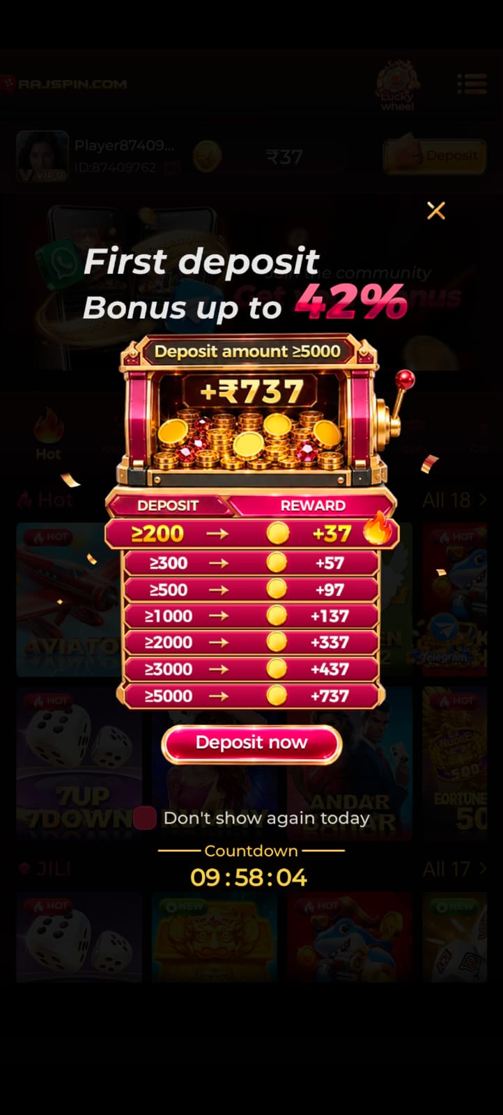 RajSpin Game homepage showing online gaming platform dashboard with secure login and mobile-friendly interface