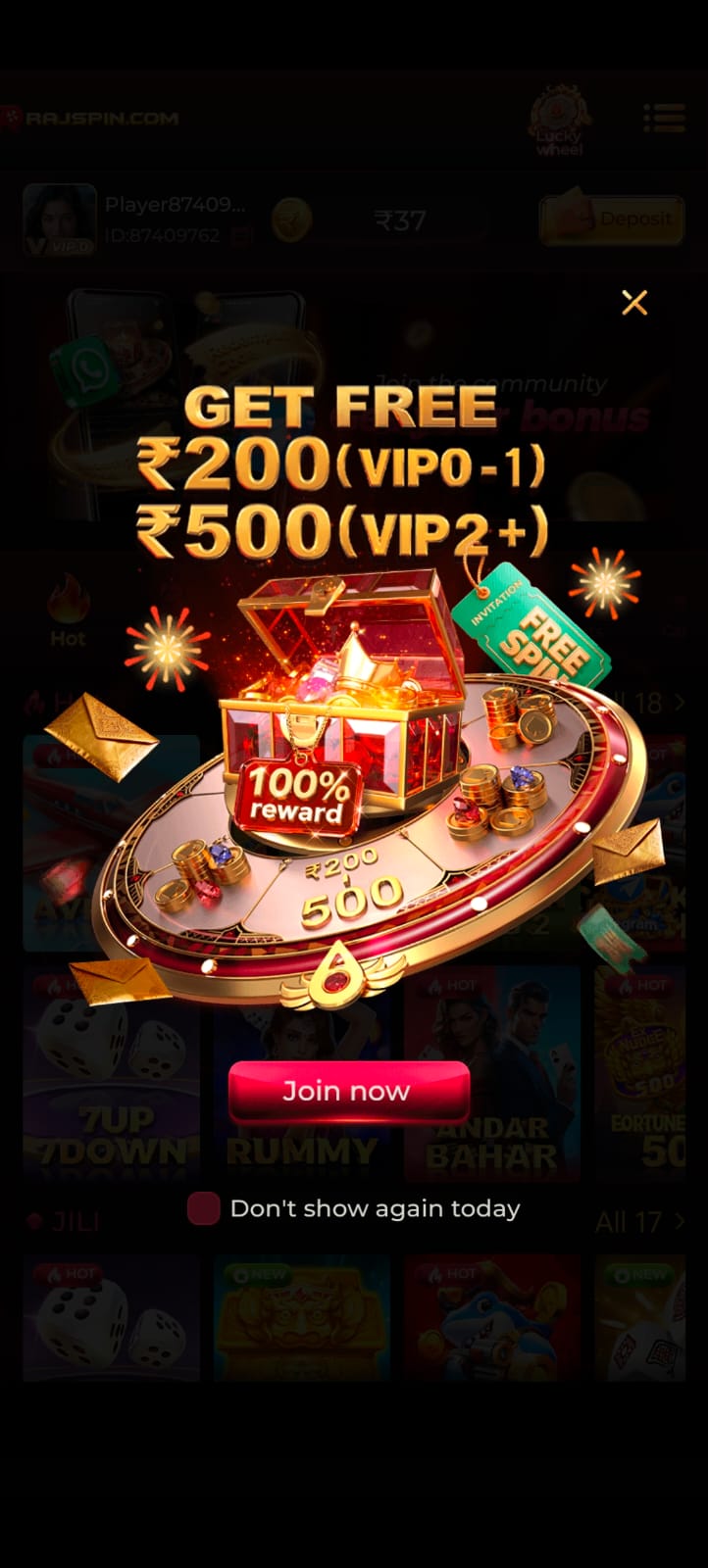 RajSpin Game homepage showing online gaming platform dashboard with secure login and mobile-friendly interface