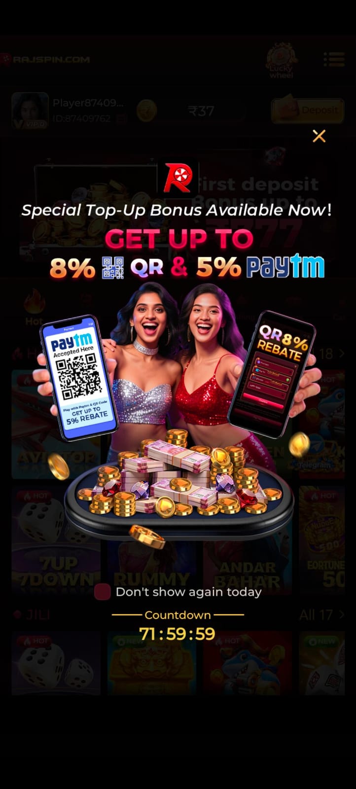 RajSpin Game homepage showing online gaming platform dashboard with secure login and mobile-friendly interface